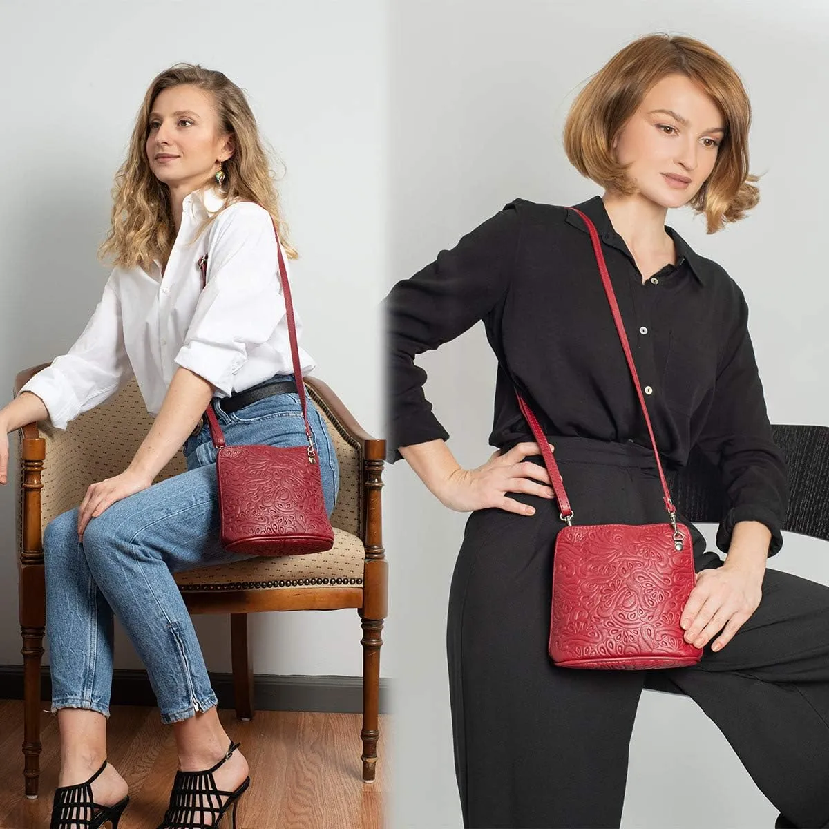 Italian Embossed Genuine Leather Crossbody Shoulder Bag Clutch Handbag For Women