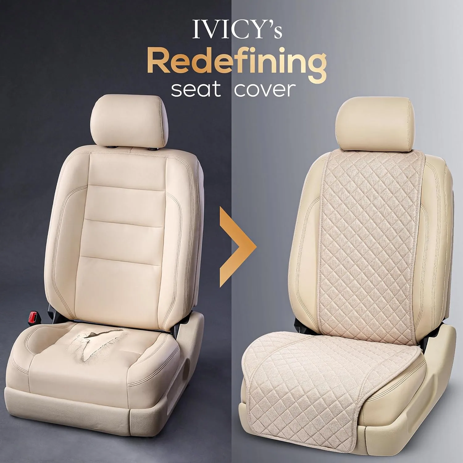 IVICY Linen Car Seat Cover for Cars - Non-Slip Soft & Breathable - Front Car Seat Protector Covers Universal Fits Most Automotive, Vans, SUVs, Trucks - 1 Unit - Beige