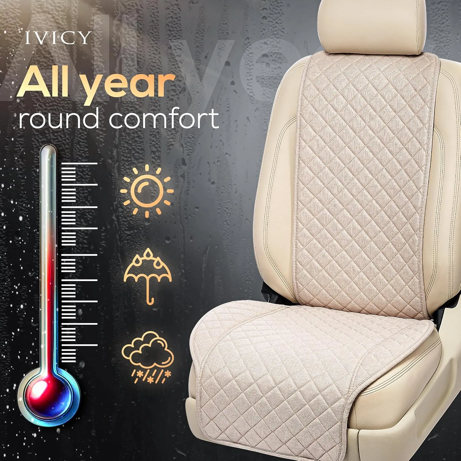 IVICY Linen Car Seat Cover for Cars - Non-Slip Soft & Breathable - Front Car Seat Protector Covers Universal Fits Most Automotive, Vans, SUVs, Trucks - 1 Unit - Beige