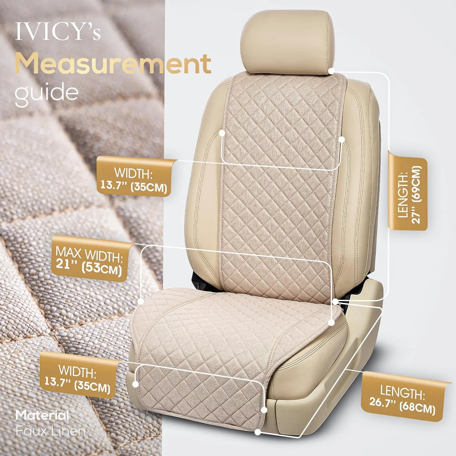 IVICY Linen Car Seat Cover for Cars - Non-Slip Soft & Breathable - Front Car Seat Protector Covers Universal Fits Most Automotive, Vans, SUVs, Trucks - 1 Unit - Beige