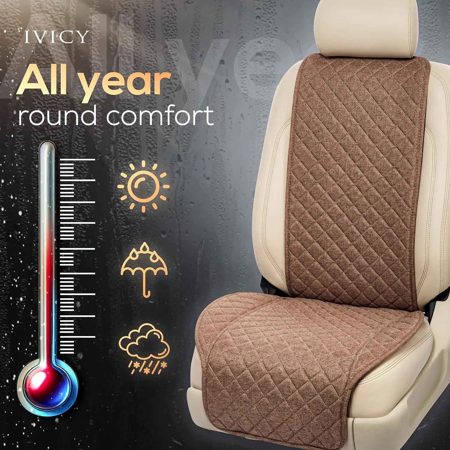 IVICY Linen Car Seat Cover for Cars - Non-Slip Soft & Breathable - Front Car Seat Protector Covers Universal Fits Most Automotive, Vans, SUVs, Trucks - 1 Unit - Brown