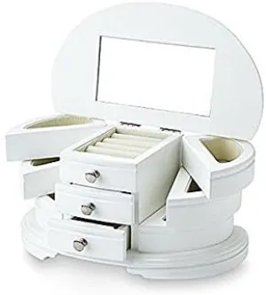 Jaclyn Smith White MDF Half-Moon Jewelry Box three drawers interior mirror