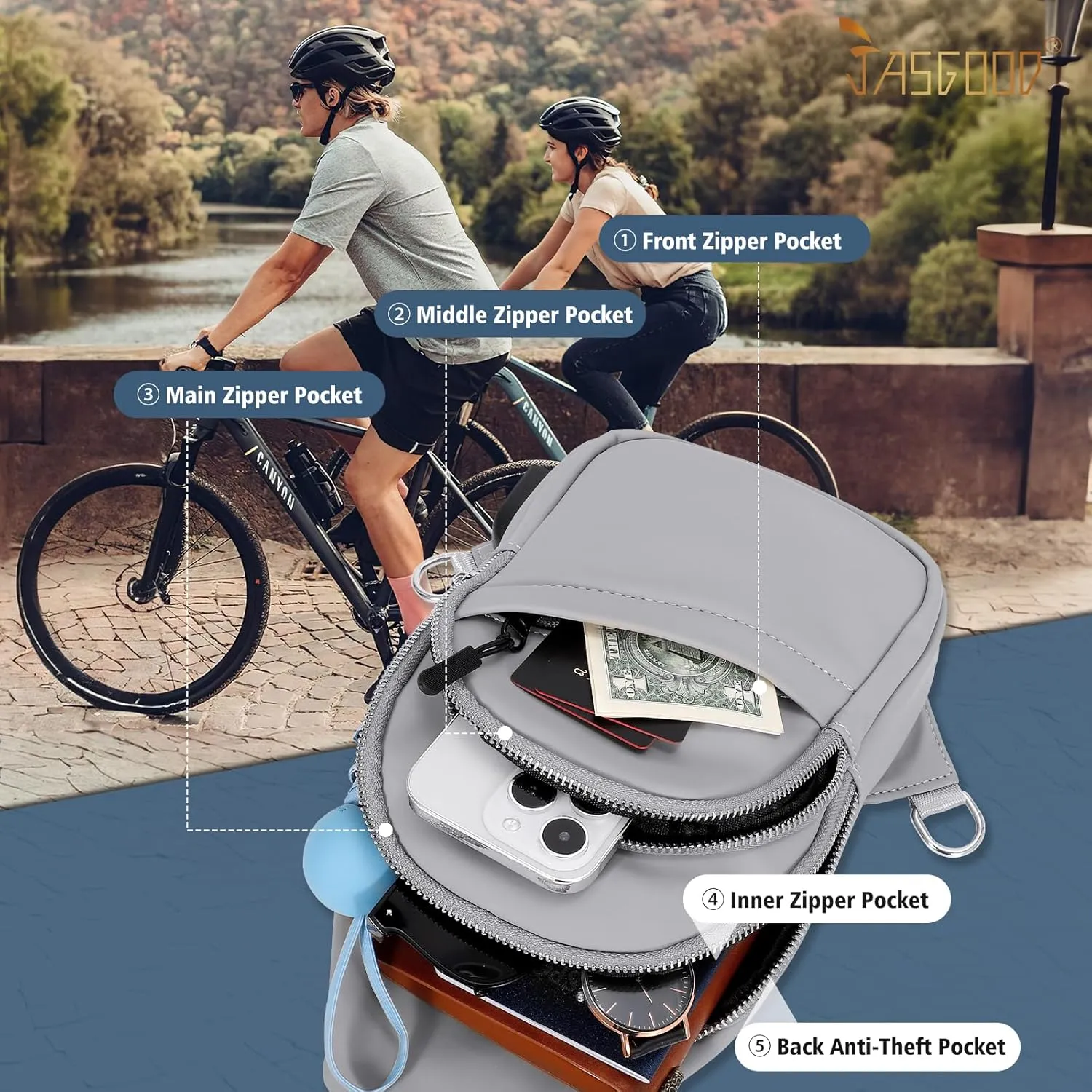 JASGOOD Sling Bag for Men Women, Crossbody Bag Faux Leather Fanny Pack Waterproof Chest Bag Backpack for Travel,Hiking