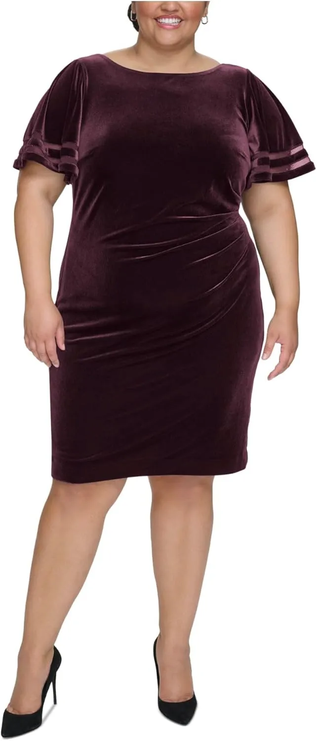 JESSICA HOWARD Womens Purple Pleated Zippered Mesh Inset Cuffs Lined Flutter Sleeve Round Neck Above The Knee Wear to Work Sheath Dress Plus 16W