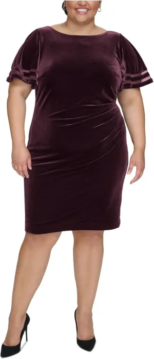 JESSICA HOWARD Womens Purple Pleated Zippered Mesh Inset Cuffs Lined Flutter Sleeve Round Neck Above The Knee Wear to Work Sheath Dress Plus 16W