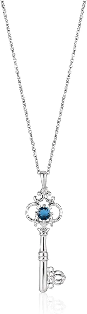 Jewelili Enchanted Disney Fine Jewelry Sterling Silver 3.5MM Round London Blue Topaz Disney Cinderella Key Pendant Necklace