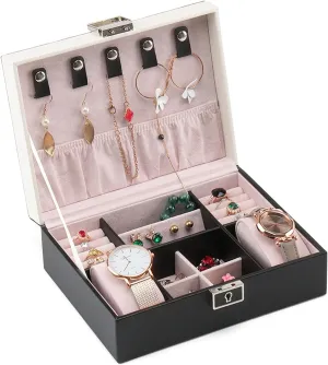 Jewellry Organizer Case PU Leather Jewelry Box Organizer with 2 Watch Case Removable Tray Jewelry Display Storage Case - Velvet Lining - Earring Ring Bracelet Case,for R