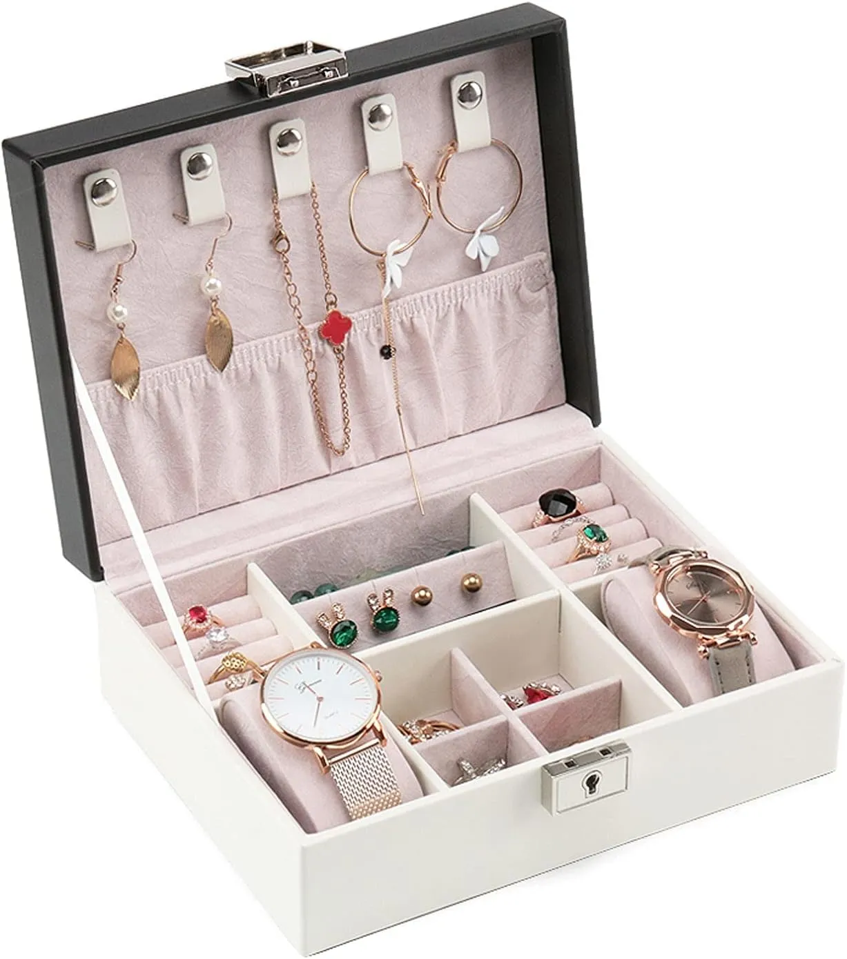 Jewelry Box PU Leather Jewelry Box Organizer with 2 Watch Case Removable Tray Jewelry Display Storage Case - Velvet Lining - Earring Ring Bracelet Case Organizer