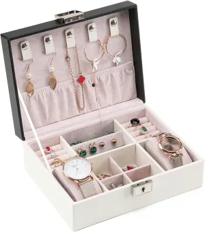 Jewelry Box PU Leather Jewelry Box Organizer with 2 Watch Case Removable Tray Jewelry Display Storage Case - Velvet Lining - Earring Ring Bracelet Case Organizer
