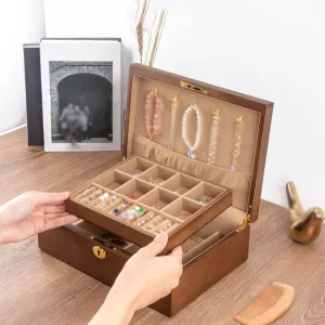 Jewelry Box Vintage Wooden Storage Necklace Earrings Earrings Watch Wooden Organizer(B)
