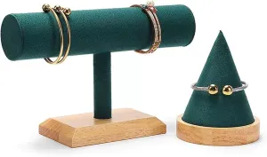 Jewelry Holder Stand Jewelry Display Stand Set of 2 Green Velvet Jewelry Display Set T-bar Holder Bracelet Watch Stand for Exhibition Sales Necklace Hanger Wall Mount
