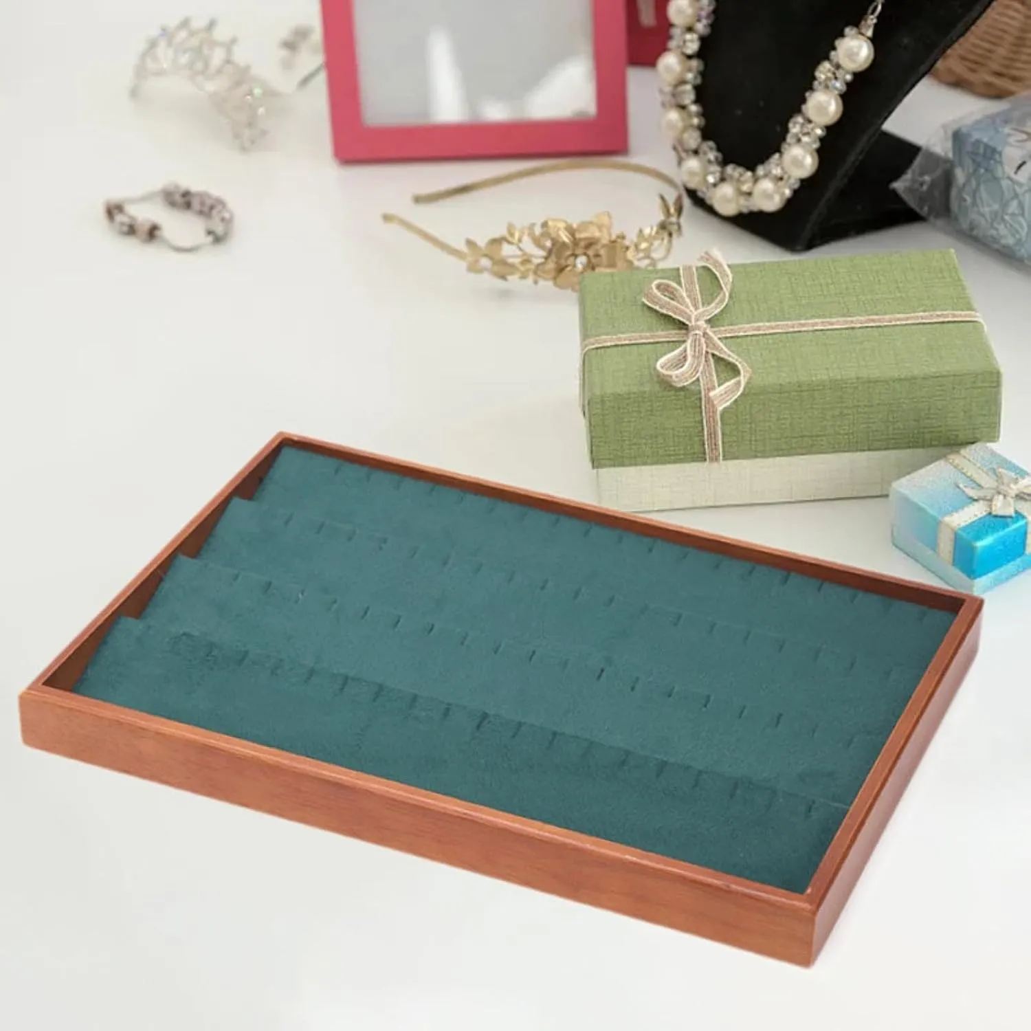 Jewelry Tray,Suede Velvet Showcase Holder Compartments Jewelry Box,Jewelry Storage Case for Watches Earrings Necklace Home, Green