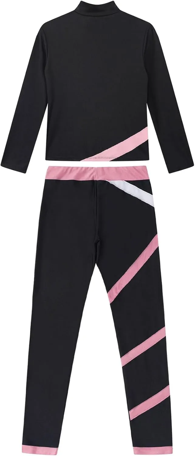 JEYPINMI Kids Girls Figure Skating Jacket with Practice Leggings Sets Gym Workout Training Costume Tracksuit