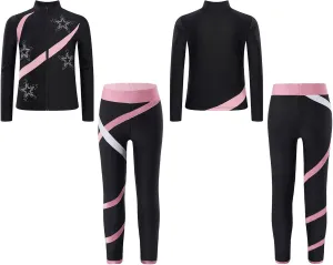 JEYPINMI Kids Girls Figure Skating Jacket with Practice Leggings Sets Gym Workout Training Costume Tracksuit