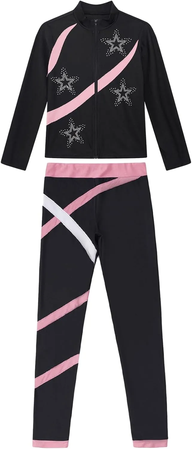 JEYPINMI Kids Girls Figure Skating Jacket with Practice Leggings Sets Gym Workout Training Costume Tracksuit