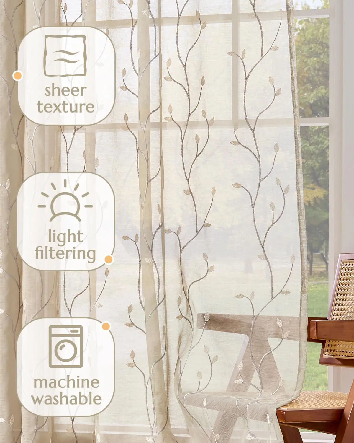 jinchan Beige Boho Sheer Linen Curtains for Bedroom 84 Inch Length Floral Embroidered Semi Sheer Privacy Drapes for Living Room Embroidery Voile Transparent Back Tab Window Treatments 2 Panels