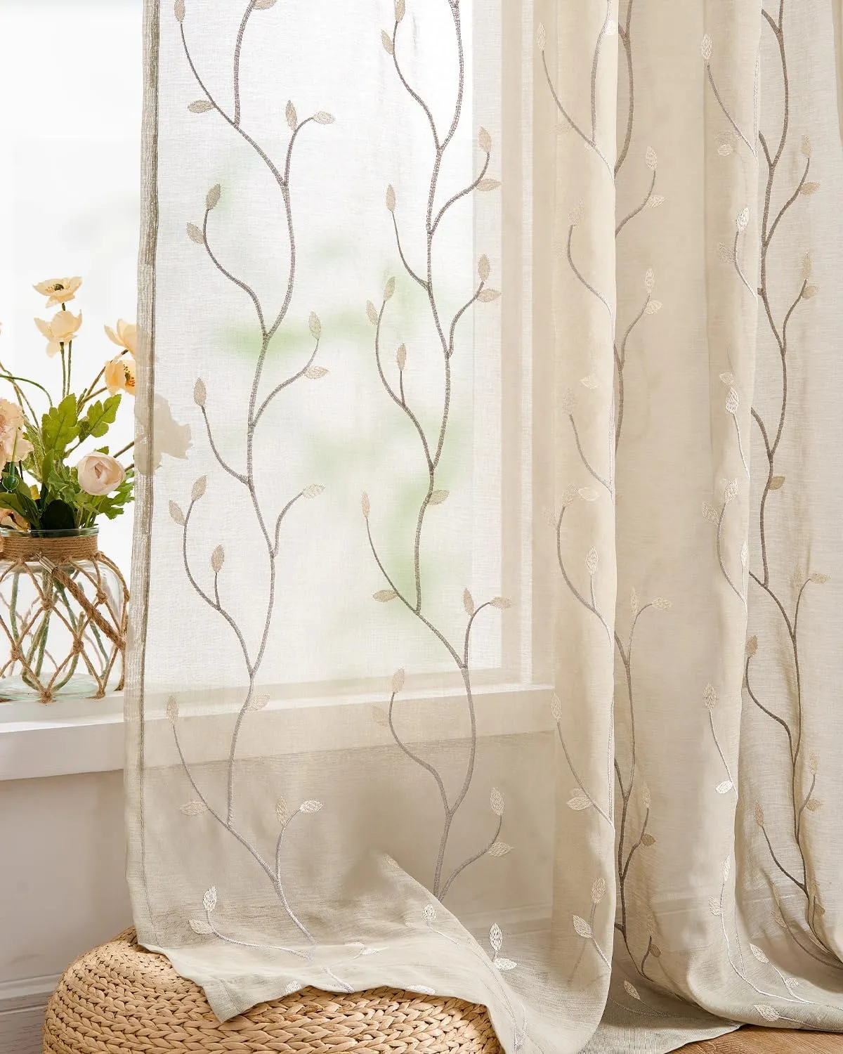 jinchan Beige Boho Sheer Linen Curtains for Bedroom 84 Inch Length Floral Embroidered Semi Sheer Privacy Drapes for Living Room Embroidery Voile Transparent Back Tab Window Treatments 2 Panels