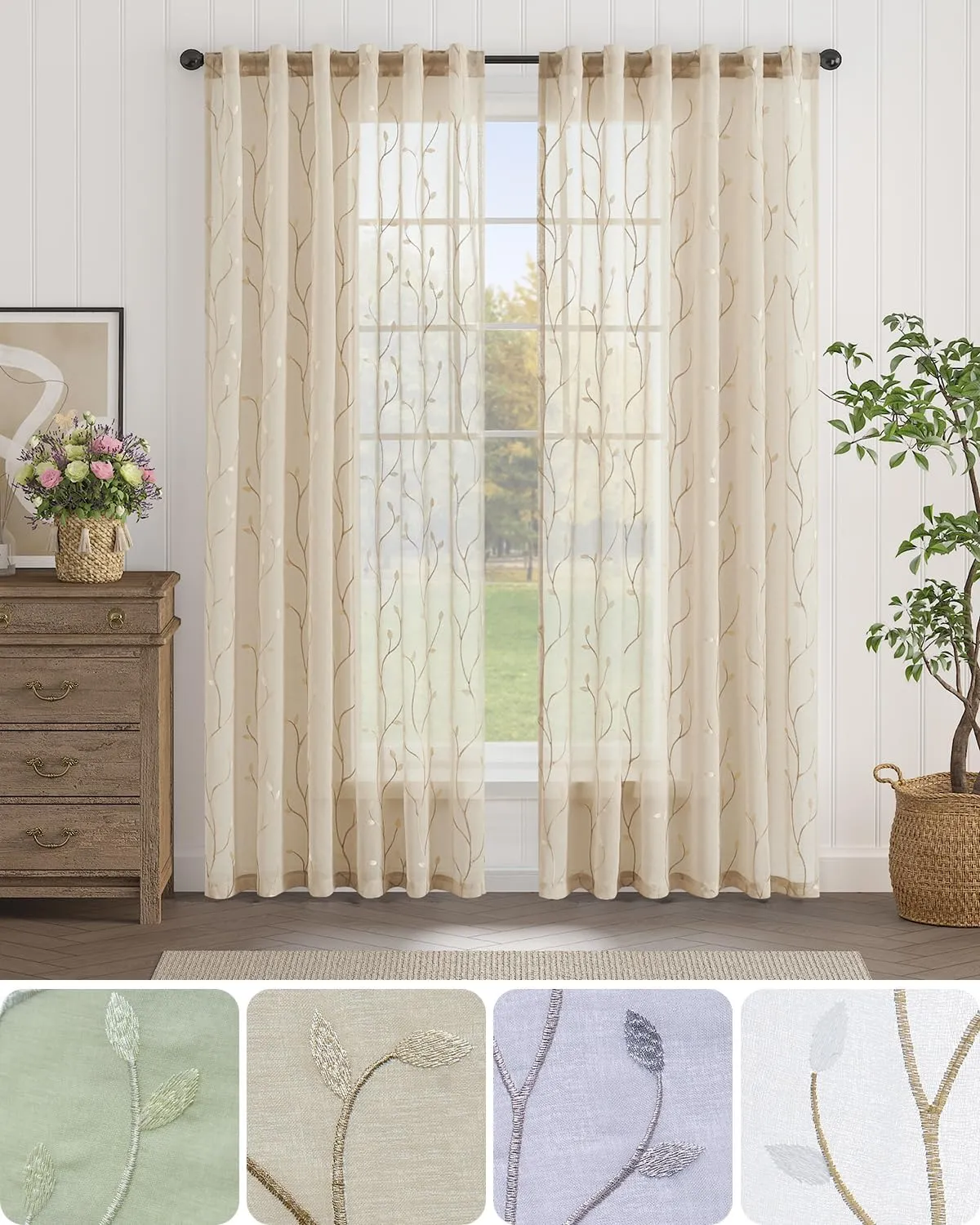 jinchan Beige Boho Sheer Linen Curtains for Bedroom 84 Inch Length Floral Embroidered Semi Sheer Privacy Drapes for Living Room Embroidery Voile Transparent Back Tab Window Treatments 2 Panels