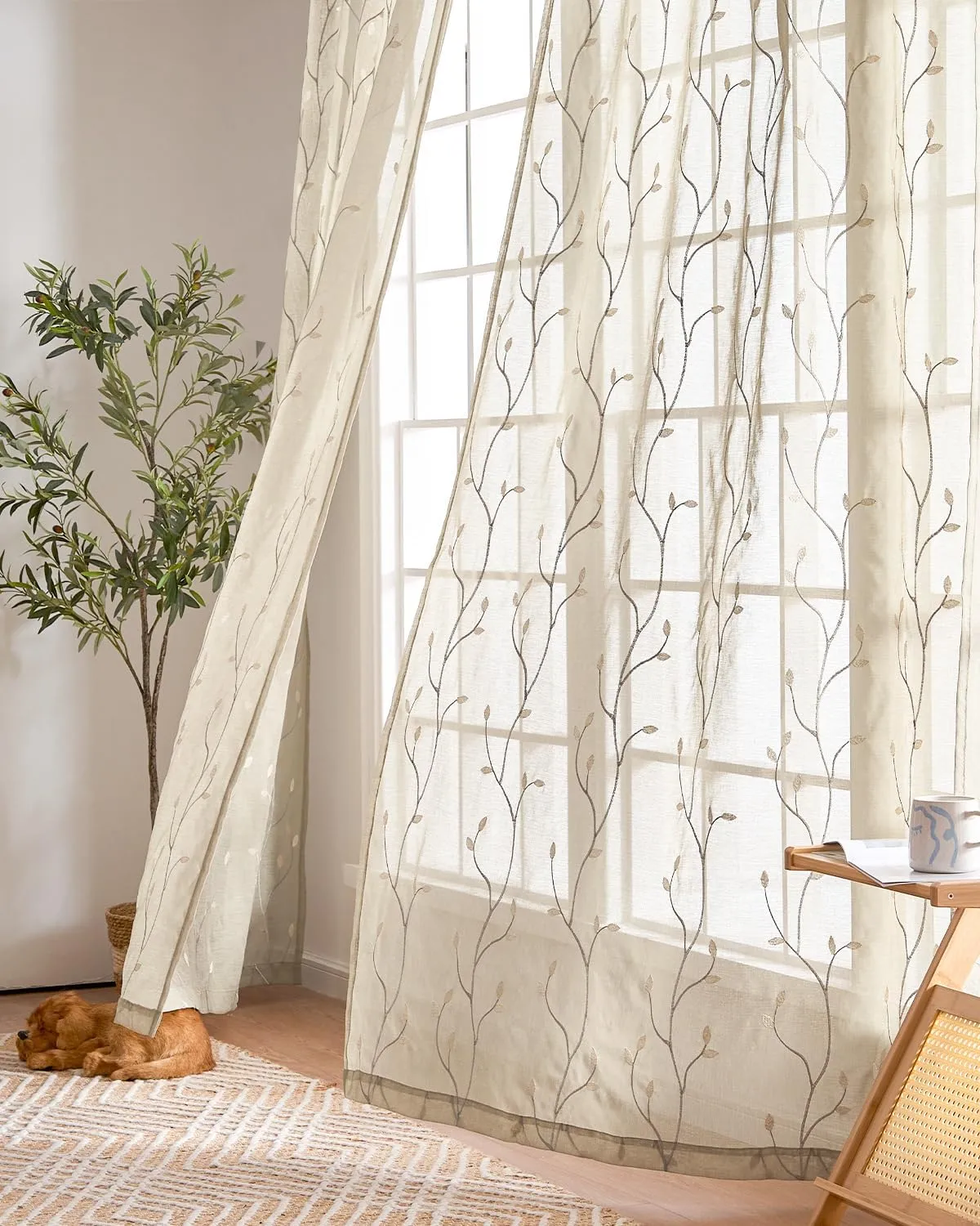 jinchan Beige Boho Sheer Linen Curtains for Bedroom 84 Inch Length Floral Embroidered Semi Sheer Privacy Drapes for Living Room Embroidery Voile Transparent Back Tab Window Treatments 2 Panels