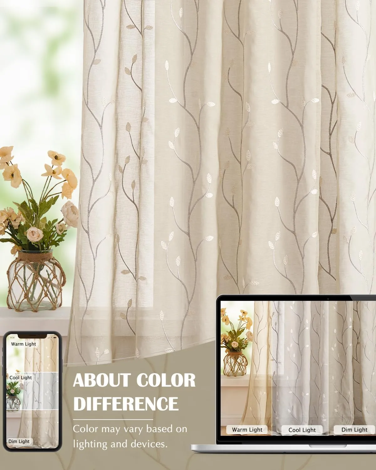 jinchan Beige Boho Sheer Linen Curtains for Bedroom 84 Inch Length Floral Embroidered Semi Sheer Privacy Drapes for Living Room Embroidery Voile Transparent Back Tab Window Treatments 2 Panels