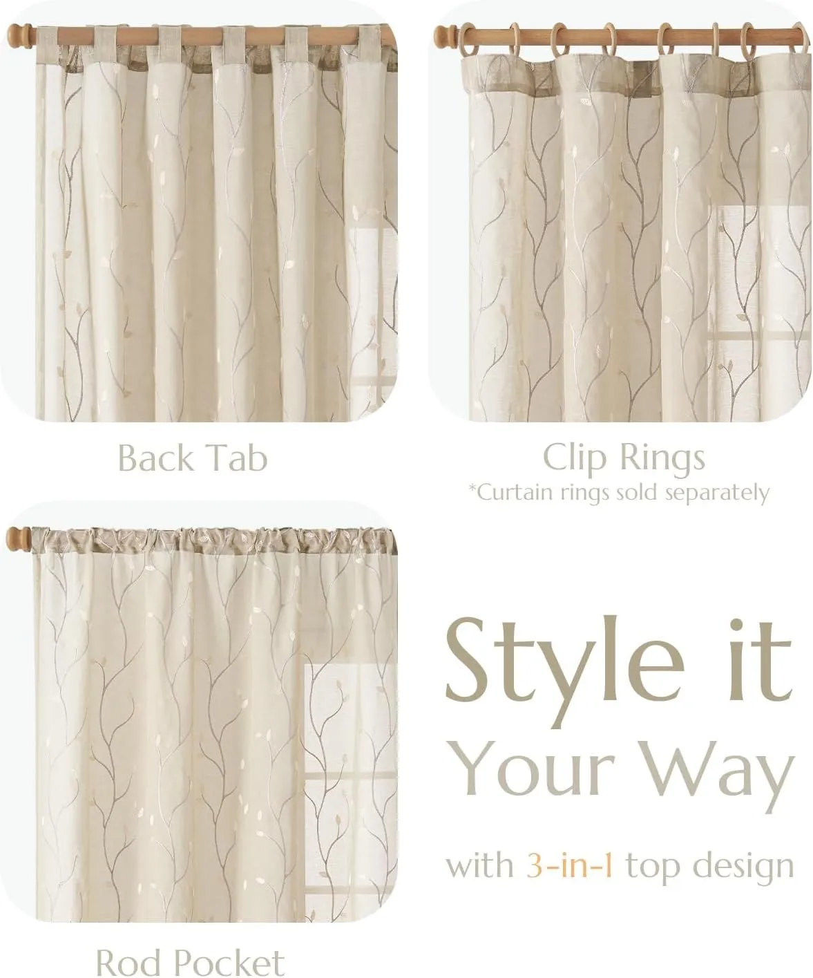 jinchan Beige Boho Sheer Linen Curtains for Bedroom 84 Inch Length Floral Embroidered Semi Sheer Privacy Drapes for Living Room Embroidery Voile Transparent Back Tab Window Treatments 2 Panels