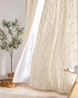 jinchan Boho Lined Sheer Curtains Floral Embroidered Sheers for Bedroom 84 Inch Length Embroidery Voile Leaf Drapes for Living Room Light Filtering Privacy Window Curtains 2 Panels Beige