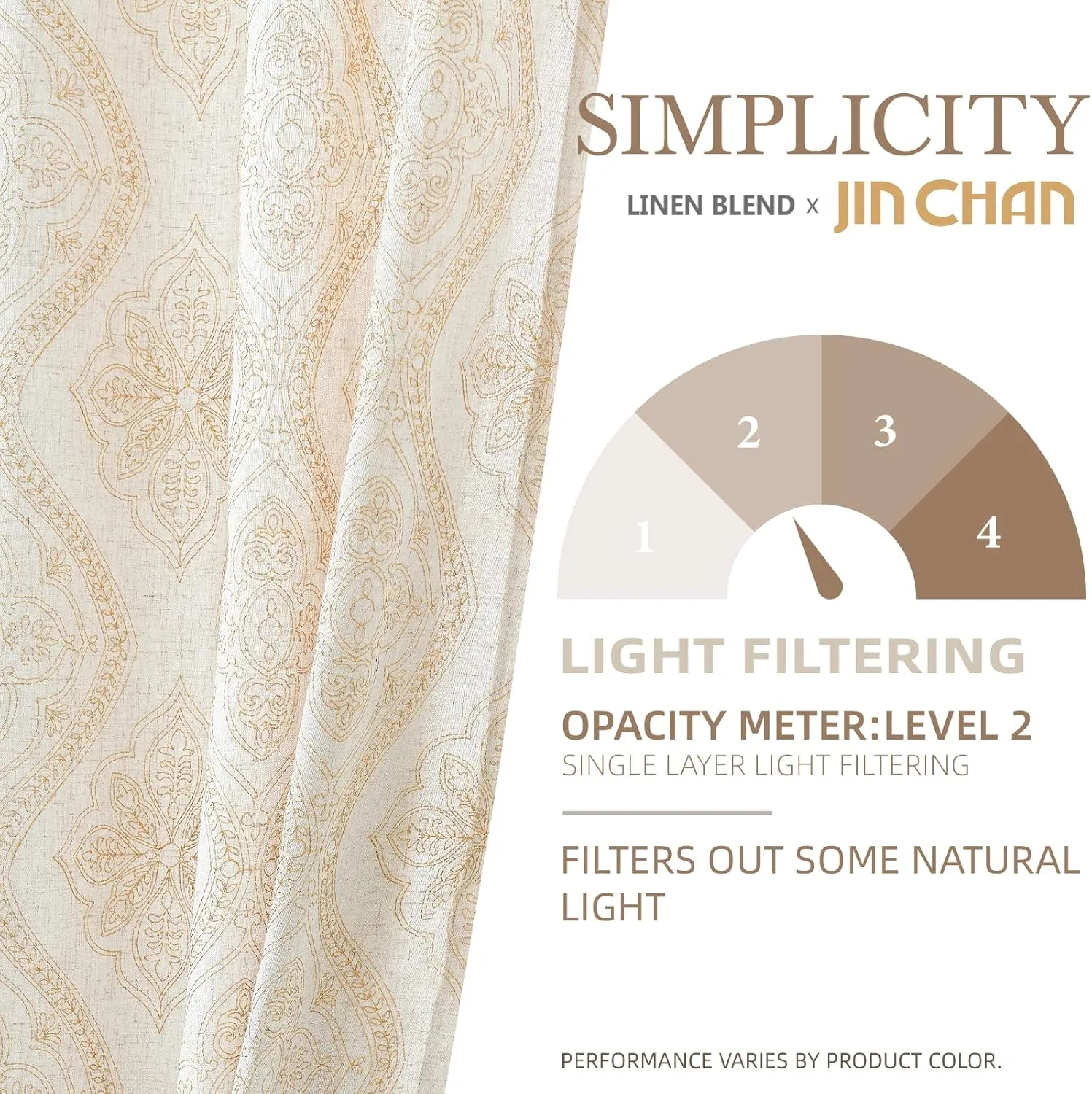 jinchan Boho Linen Curtains for Living Room Embroidered Design Window Curtains Light Filtering Flax Linen Blend Window Treatments Set for Bedroom Grommet Top 2 Panels 63 Inch Length Gold on Ecru