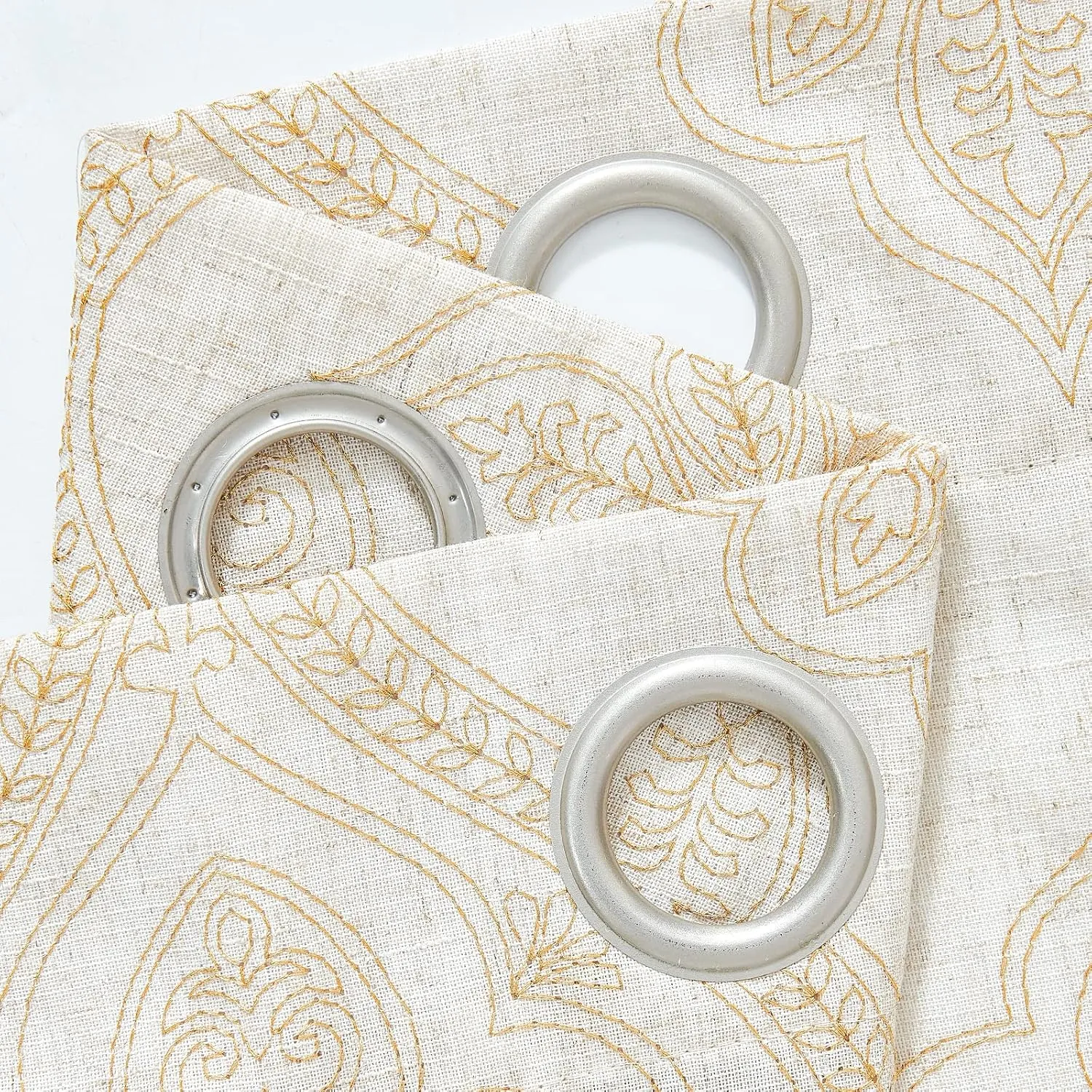 jinchan Boho Linen Curtains for Living Room Embroidered Design Window Curtains Light Filtering Flax Linen Blend Window Treatments Set for Bedroom Grommet Top 2 Panels 63 Inch Length Gold on Ecru