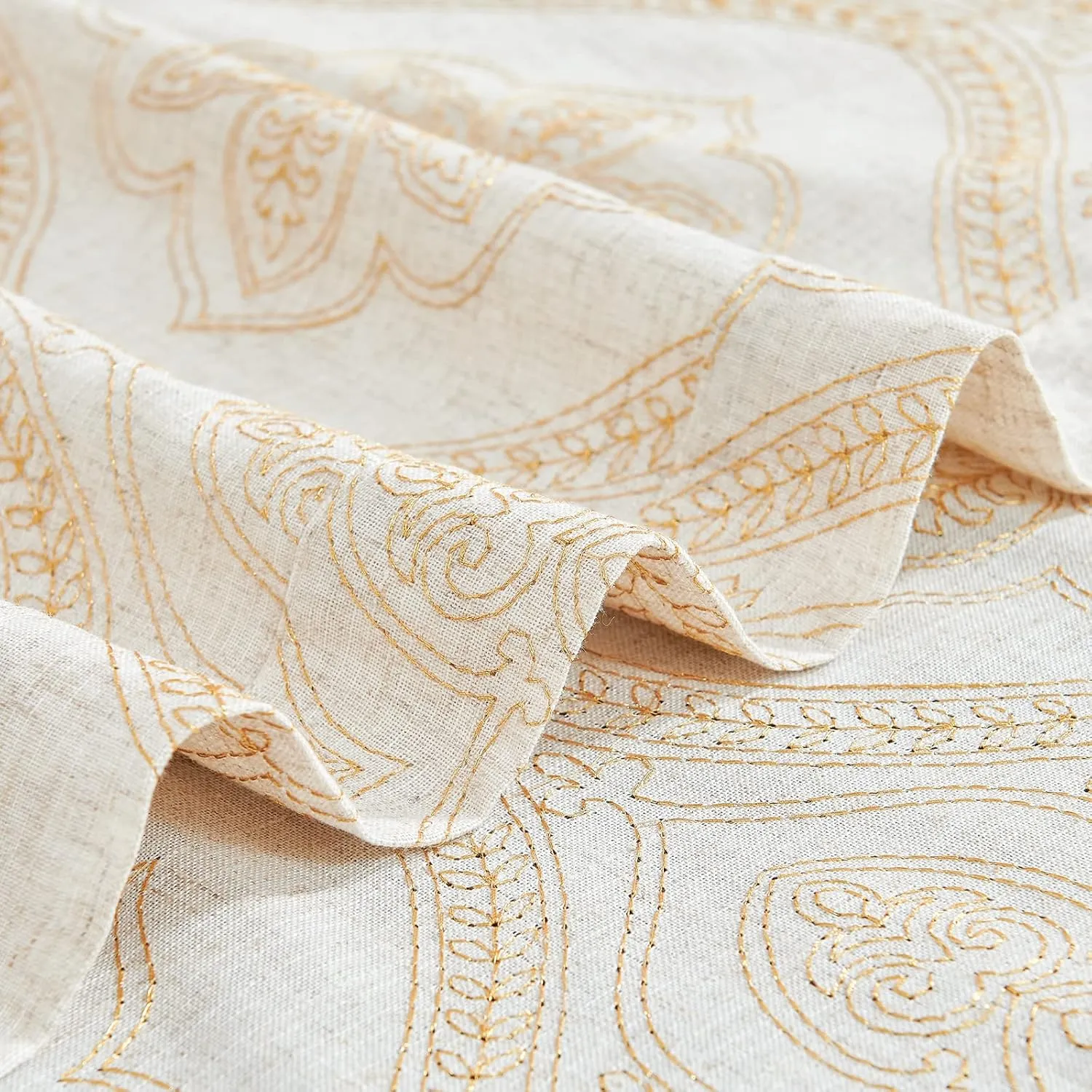 jinchan Boho Linen Curtains for Living Room Embroidered Design Window Curtains Light Filtering Flax Linen Blend Window Treatments Set for Bedroom Grommet Top 2 Panels 63 Inch Length Gold on Ecru
