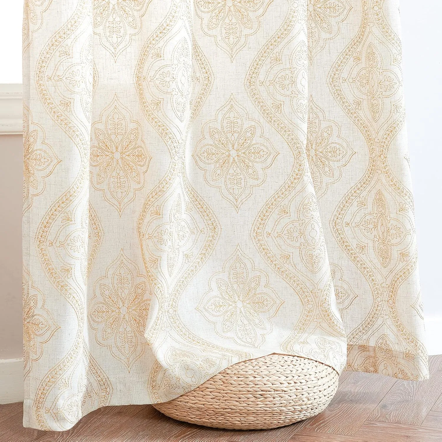 jinchan Boho Linen Curtains for Living Room Embroidered Design Window Curtains Light Filtering Flax Linen Blend Window Treatments Set for Bedroom Grommet Top 2 Panels 63 Inch Length Gold on Ecru