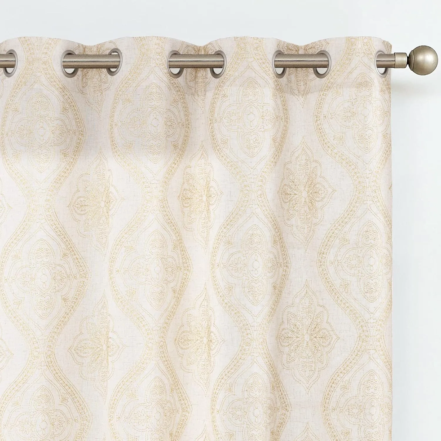 jinchan Boho Linen Curtains for Living Room Embroidered Design Window Curtains Light Filtering Flax Linen Blend Window Treatments Set for Bedroom Grommet Top 2 Panels 63 Inch Length Gold on Ecru