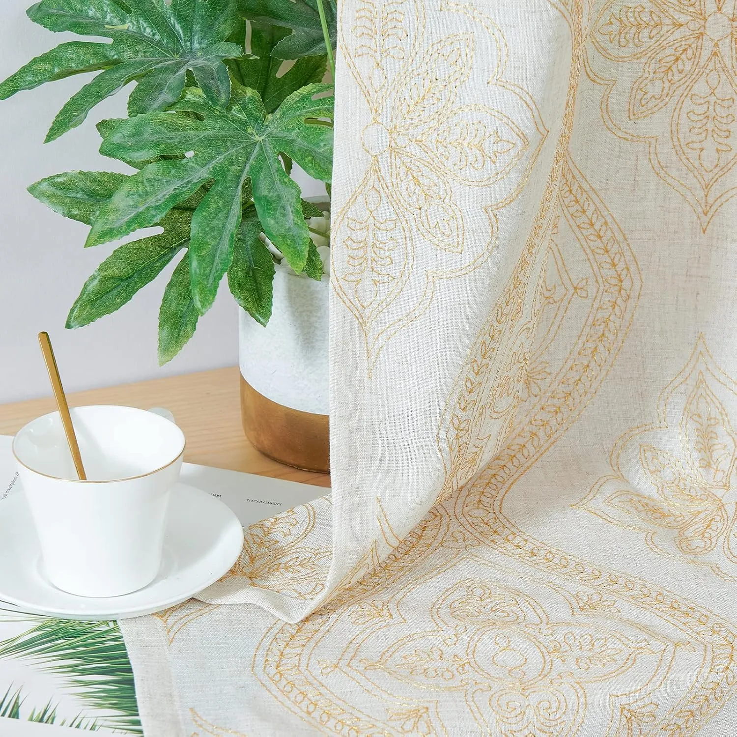 jinchan Boho Linen Curtains for Living Room Embroidered Design Window Curtains Light Filtering Flax Linen Blend Window Treatments Set for Bedroom Grommet Top 2 Panels 63 Inch Length Gold on Ecru