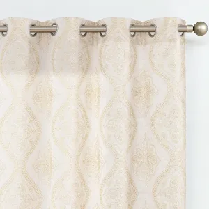 jinchan Boho Linen Curtains for Living Room Embroidered Design Window Curtains Light Filtering Flax Linen Blend Window Treatments Set for Bedroom Grommet Top 2 Panels 63 Inch Length Gold on Ecru