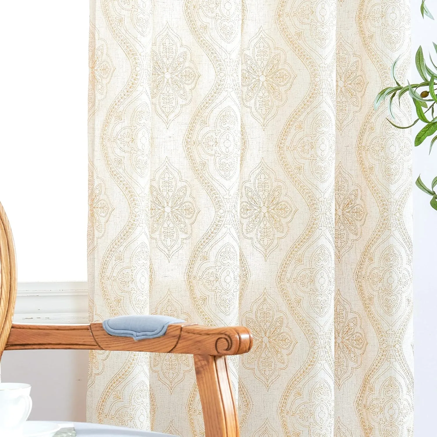 jinchan Boho Linen Curtains for Living Room Embroidered Design Window Curtains Light Filtering Flax Linen Blend Window Treatments Set for Bedroom Grommet Top 2 Panels 63 Inch Length Gold on Ecru