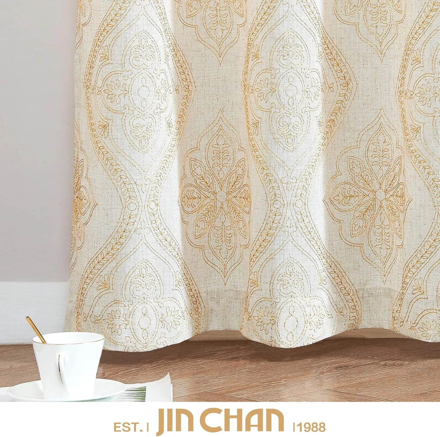 jinchan Boho Linen Curtains for Living Room Embroidered Design Window Curtains Light Filtering Flax Linen Blend Window Treatments Set for Bedroom Grommet Top 2 Panels 63 Inch Length Gold on Ecru