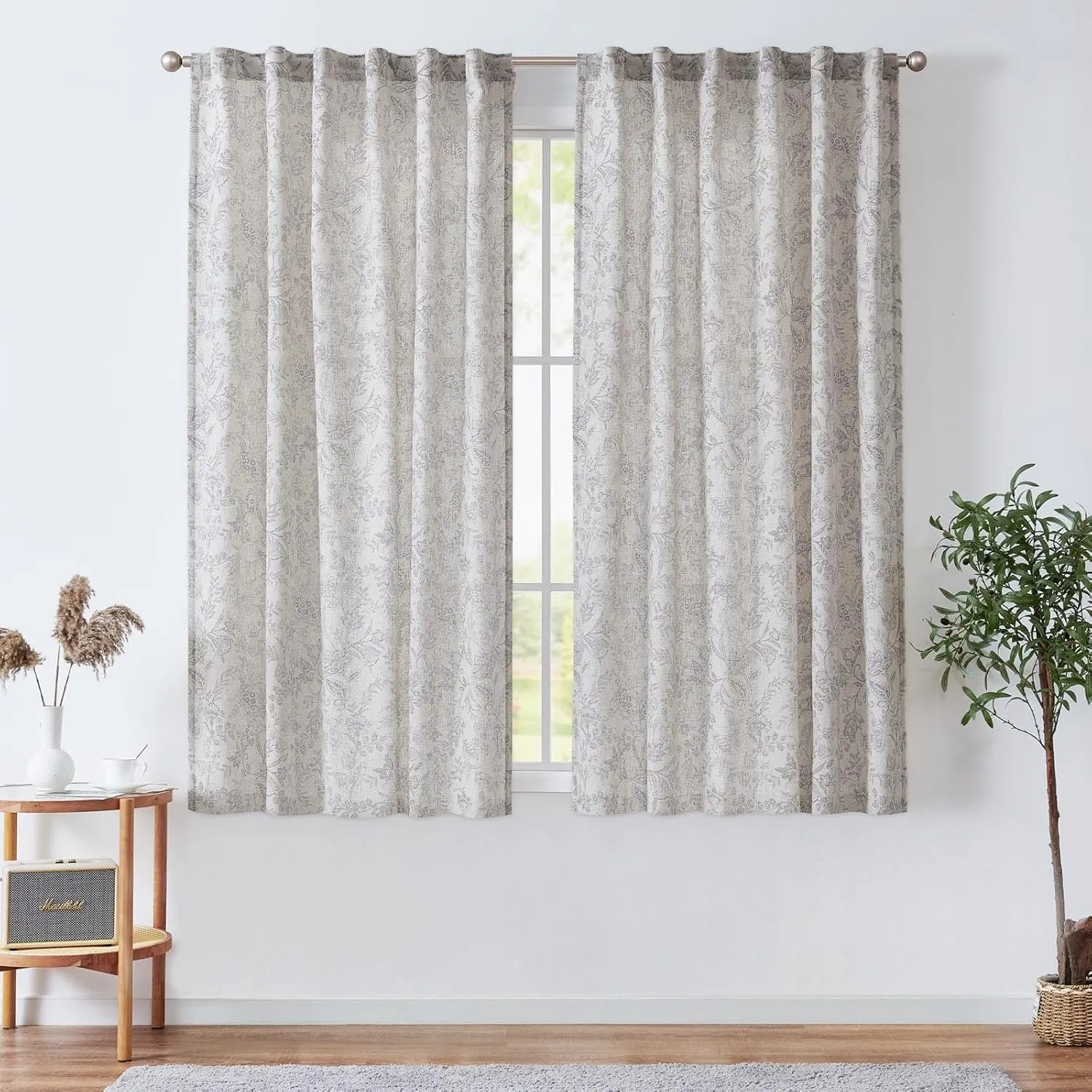 jinchan Floral Linen Blend Curtains for Living Room Grey French Country Farmhouse Curtains 63 Inches Long Light Filtering Kitchen Window Back Tab Semi Sheer 2 Panels