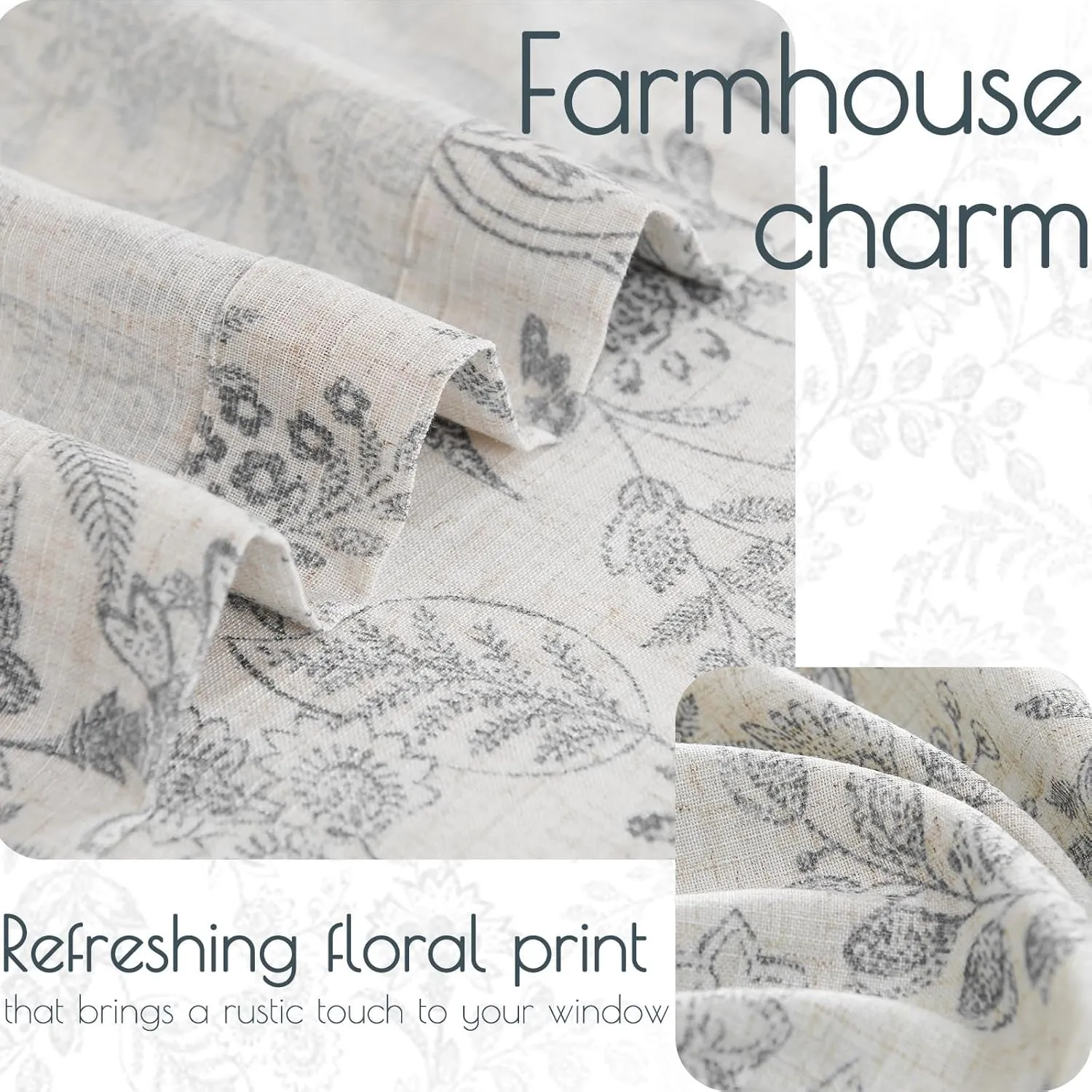 jinchan Floral Linen Blend Curtains for Living Room Grey French Country Farmhouse Curtains 63 Inches Long Light Filtering Kitchen Window Back Tab Semi Sheer 2 Panels