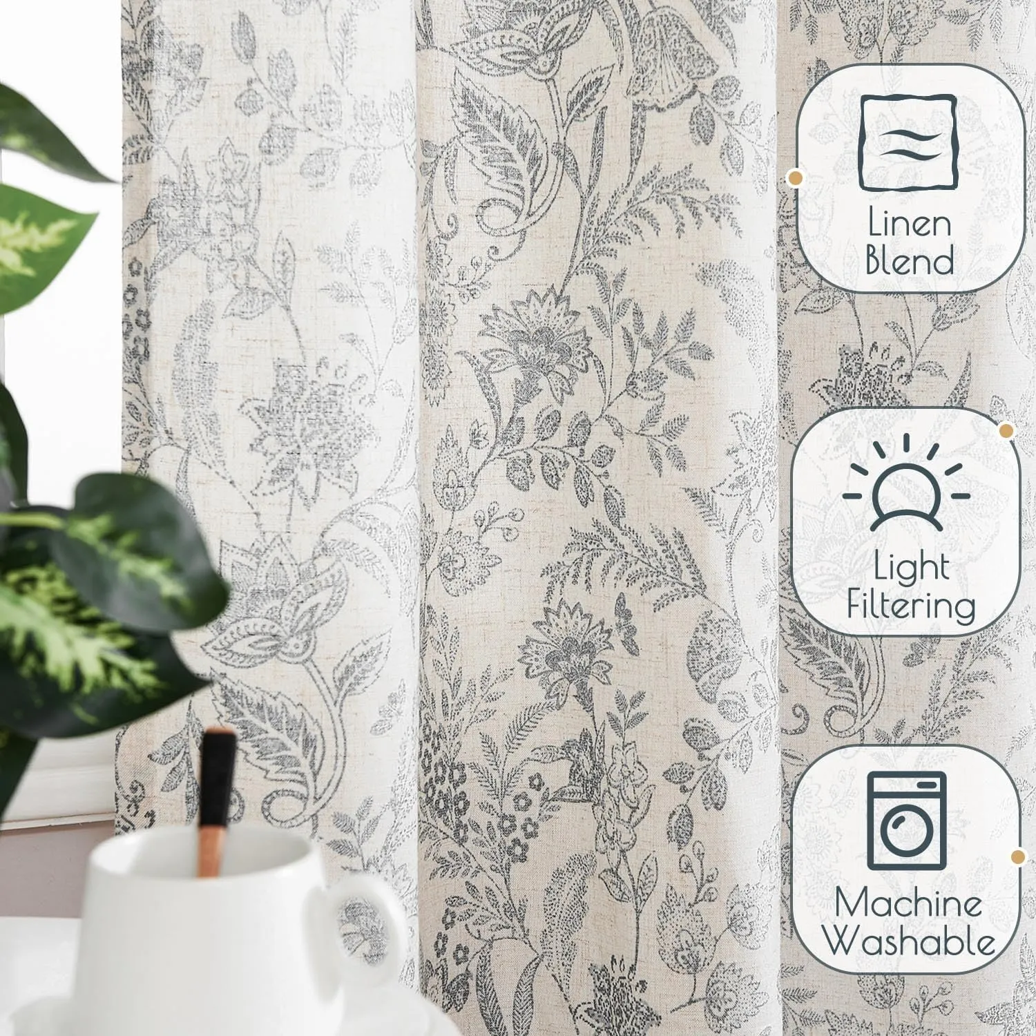 jinchan Floral Linen Blend Curtains for Living Room Grey French Country Farmhouse Curtains 63 Inches Long Light Filtering Kitchen Window Back Tab Semi Sheer 2 Panels