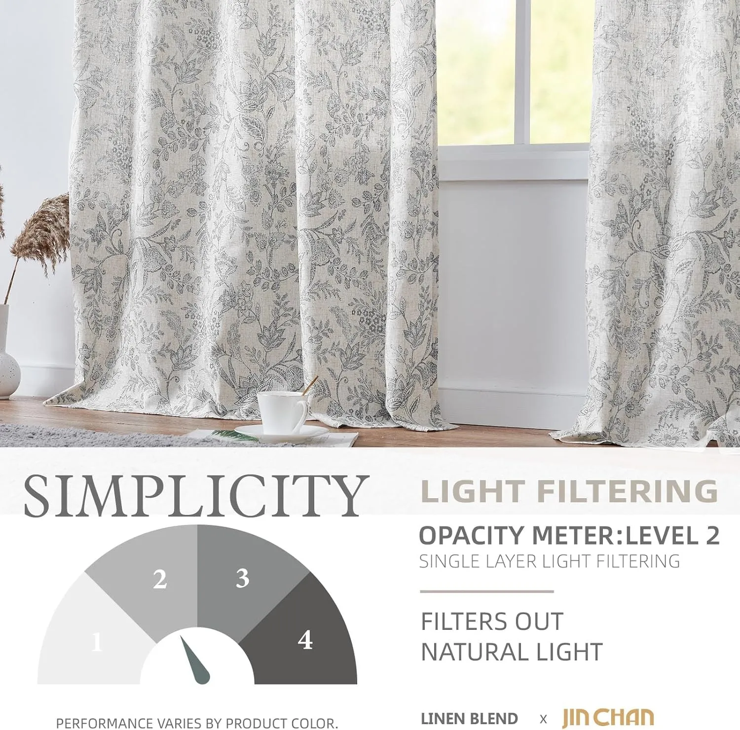 jinchan Floral Linen Blend Curtains for Living Room Grey French Country Farmhouse Curtains 63 Inches Long Light Filtering Kitchen Window Back Tab Semi Sheer 2 Panels