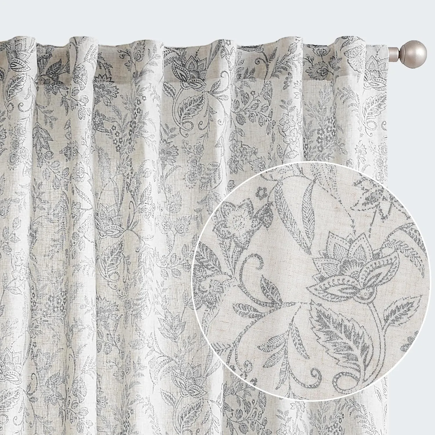 jinchan Floral Linen Blend Curtains for Living Room Grey French Country Farmhouse Curtains 63 Inches Long Light Filtering Kitchen Window Back Tab Semi Sheer 2 Panels