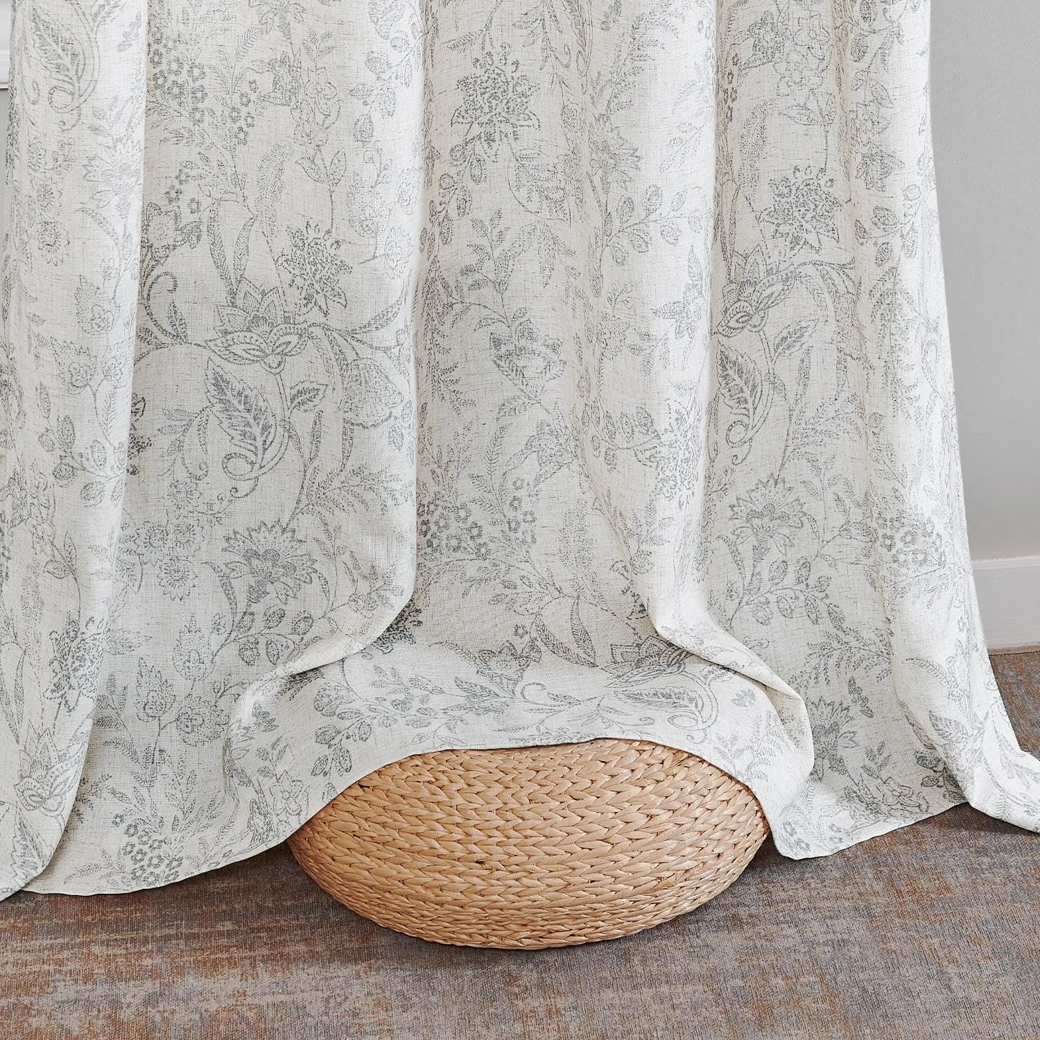 jinchan Floral Linen Blend Curtains for Living Room Grey French Country Farmhouse Curtains 63 Inches Long Light Filtering Kitchen Window Back Tab Semi Sheer 2 Panels