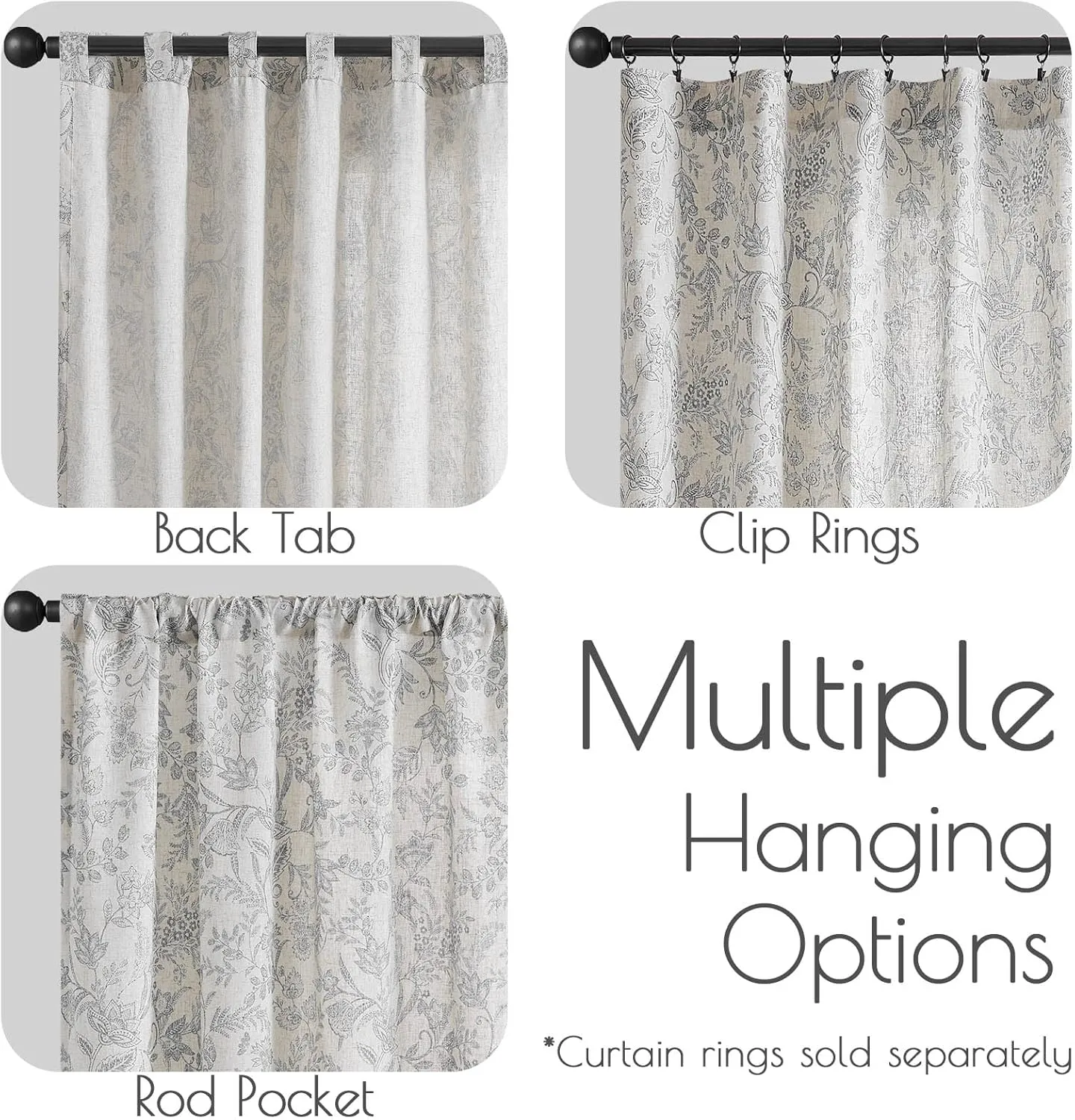 jinchan Floral Linen Blend Curtains for Living Room Grey French Country Farmhouse Curtains 63 Inches Long Light Filtering Kitchen Window Back Tab Semi Sheer 2 Panels