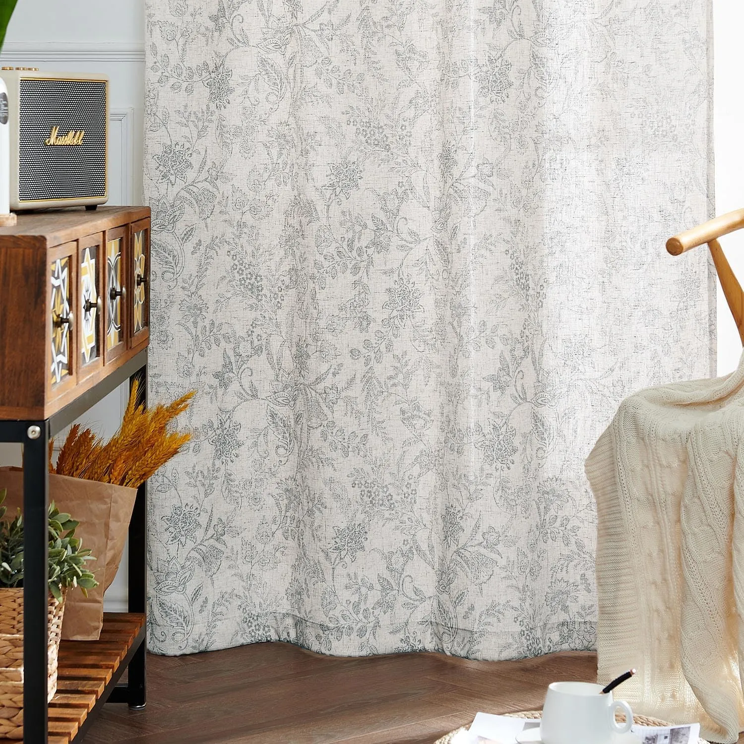 jinchan Floral Linen Blend Curtains for Living Room Grey French Country Farmhouse Curtains 63 Inches Long Light Filtering Kitchen Window Back Tab Semi Sheer 2 Panels