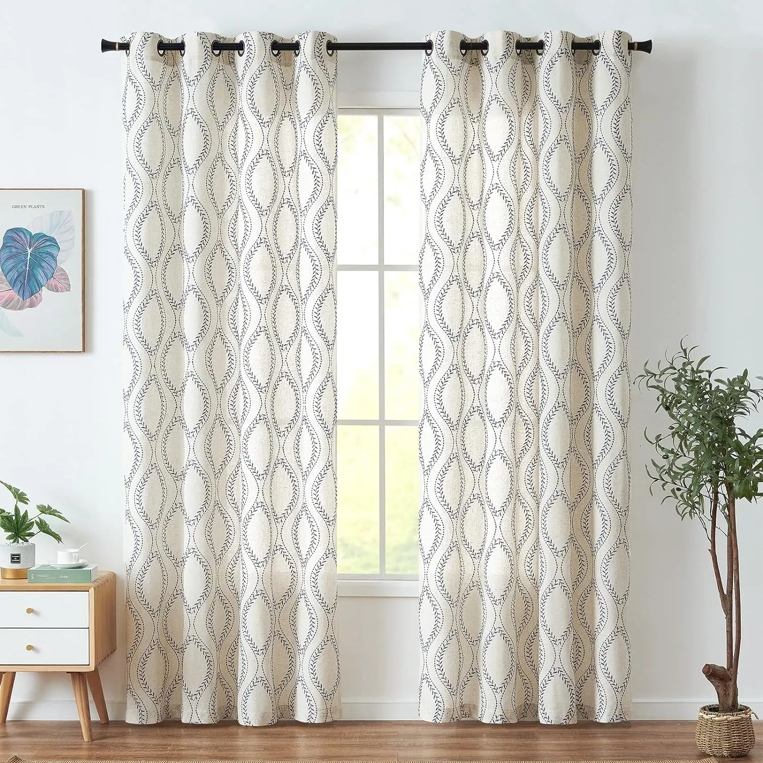 jinchan Linen Blend Curtains Beige Farmhouse Curtains 84 Inches Long Blue Embroidered Leaf Curtains for Living Room Ogee Geometry Drapes Light Filtering Grommet Country Curtain 2 Panels Blue on Flax