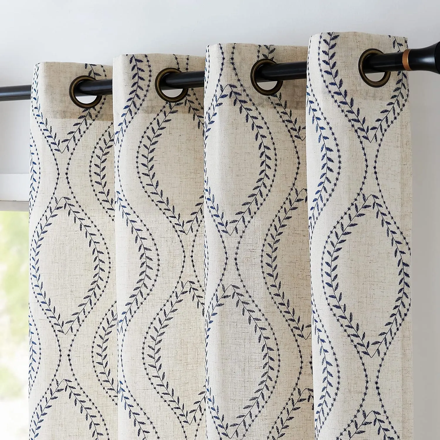 jinchan Linen Blend Curtains Beige Farmhouse Curtains 84 Inches Long Blue Embroidered Leaf Curtains for Living Room Ogee Geometry Drapes Light Filtering Grommet Country Curtain 2 Panels Blue on Flax