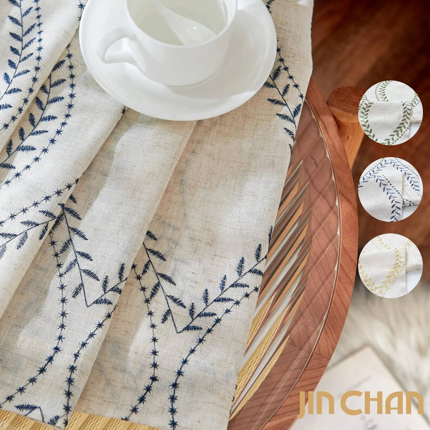 jinchan Linen Blend Curtains Beige Farmhouse Curtains 84 Inches Long Blue Embroidered Leaf Curtains for Living Room Ogee Geometry Drapes Light Filtering Grommet Country Curtain 2 Panels Blue on Flax