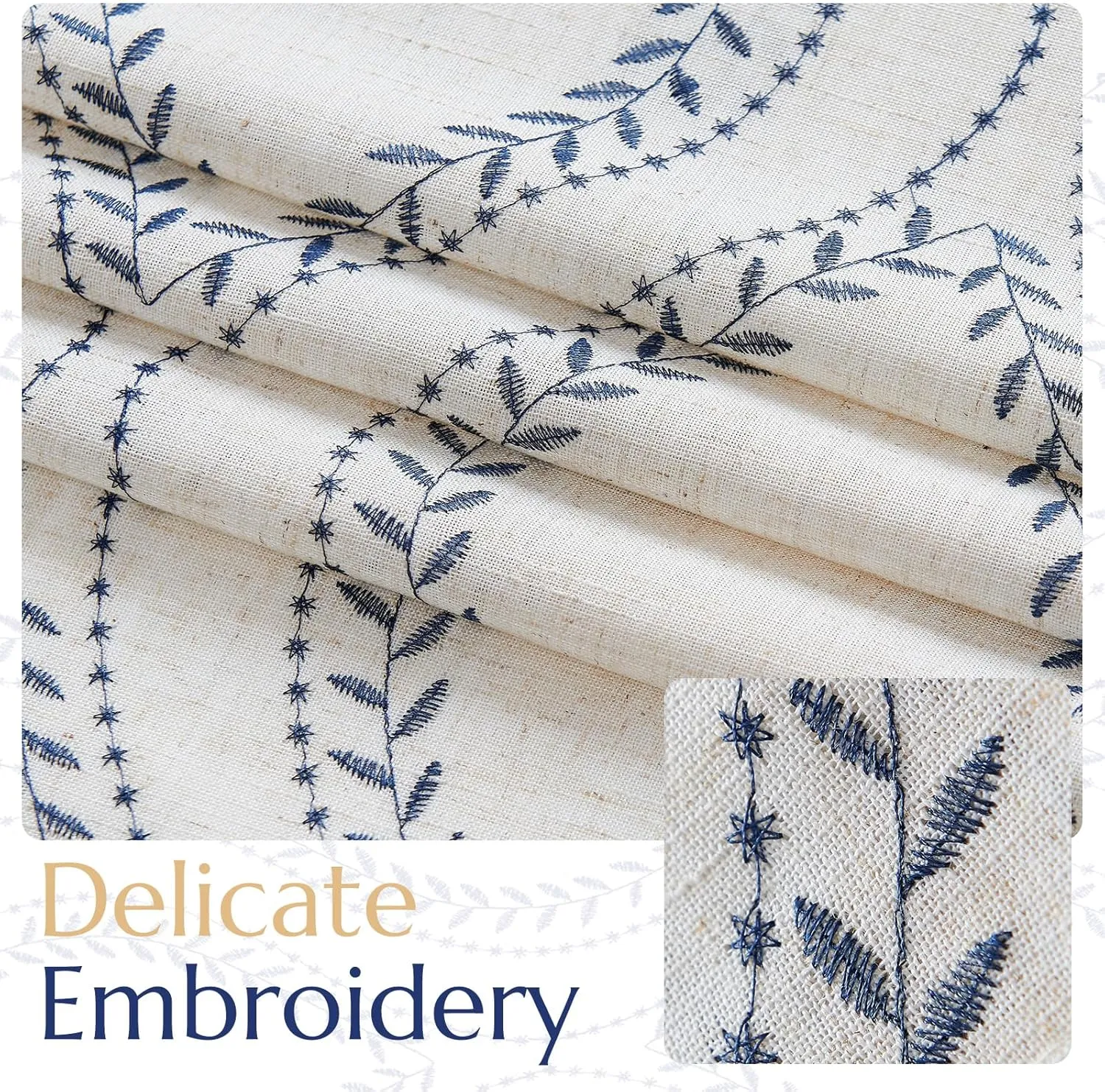 jinchan Linen Blend Curtains Beige Farmhouse Curtains 84 Inches Long Blue Embroidered Leaf Curtains for Living Room Ogee Geometry Drapes Light Filtering Grommet Country Curtain 2 Panels Blue on Flax