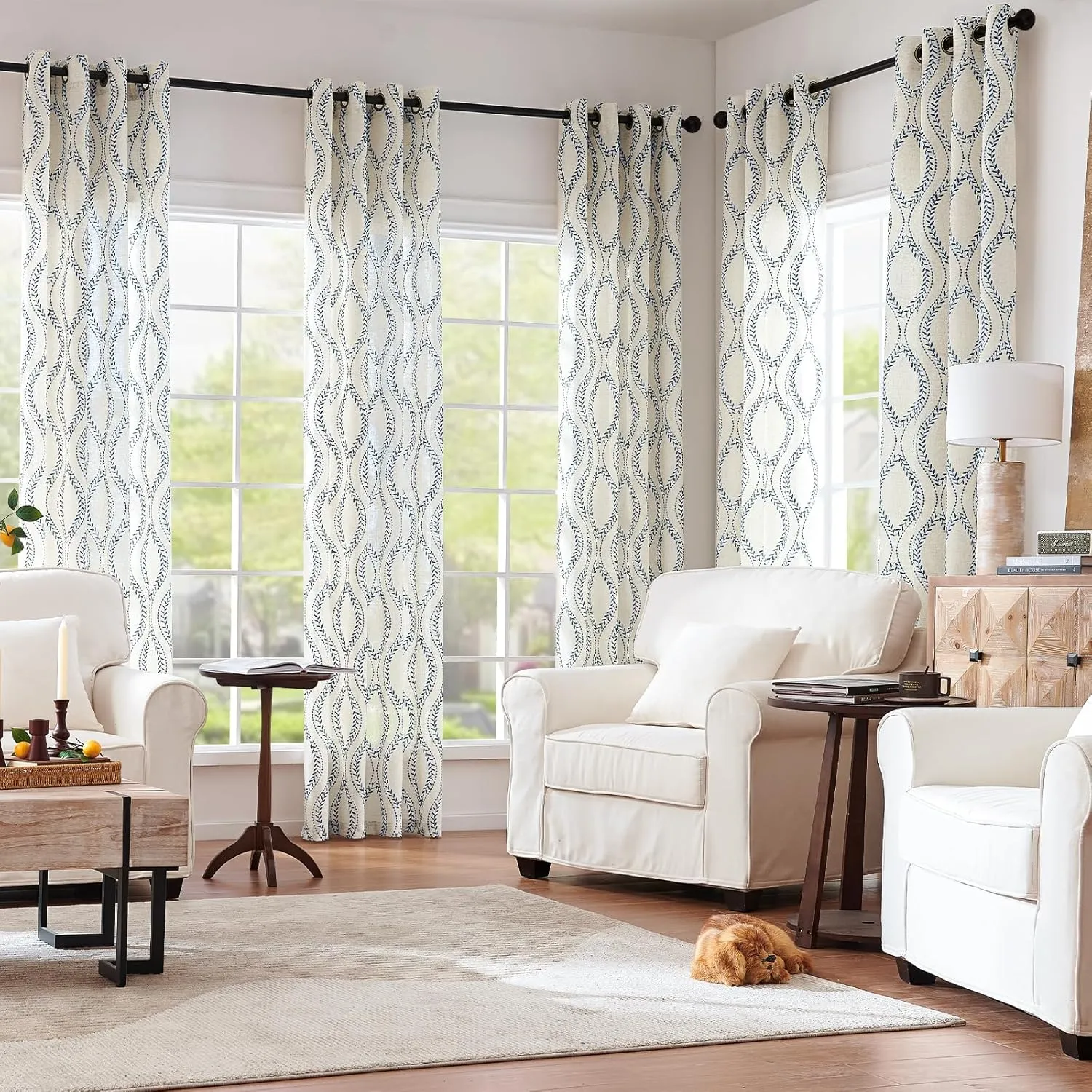 jinchan Linen Blend Curtains Beige Farmhouse Curtains 84 Inches Long Blue Embroidered Leaf Curtains for Living Room Ogee Geometry Drapes Light Filtering Grommet Country Curtain 2 Panels Blue on Flax