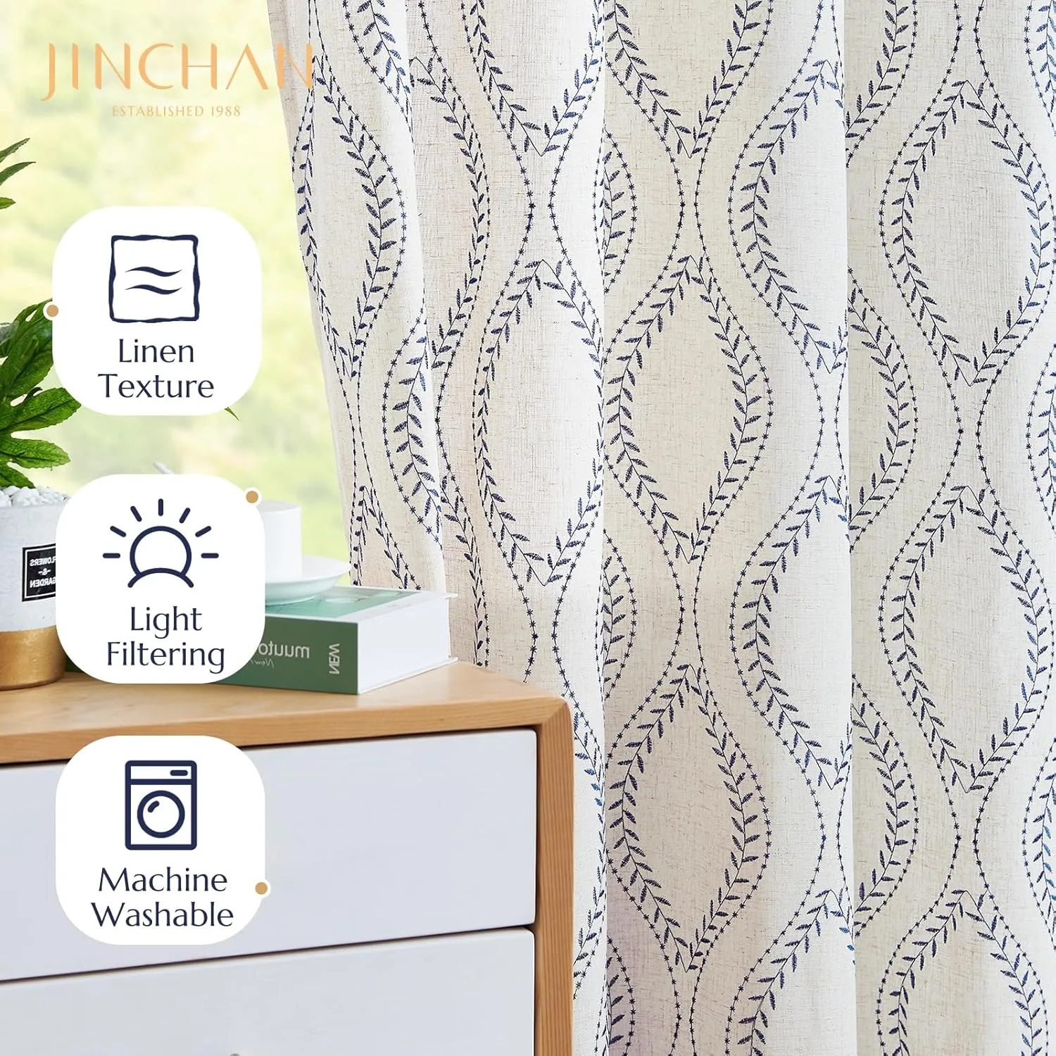jinchan Linen Blend Curtains Beige Farmhouse Curtains 84 Inches Long Blue Embroidered Leaf Curtains for Living Room Ogee Geometry Drapes Light Filtering Grommet Country Curtain 2 Panels Blue on Flax
