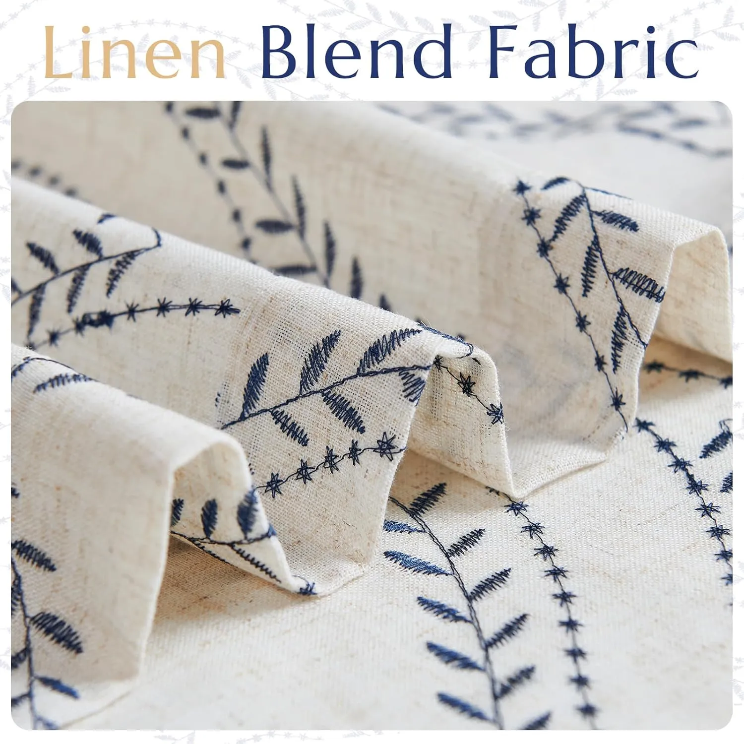 jinchan Linen Blend Curtains Beige Farmhouse Curtains 84 Inches Long Blue Embroidered Leaf Curtains for Living Room Ogee Geometry Drapes Light Filtering Grommet Country Curtain 2 Panels Blue on Flax